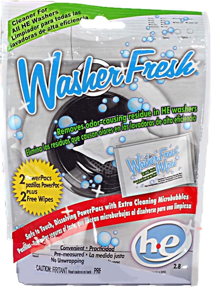 WasherFresh Washing Machine Cleaner, Cleans Front Load and Top Load Normal or High Efficiency Washers, 2 PowerPac Dissolving Pouches and Cleaning Wipes (4-Pack) - Image 1